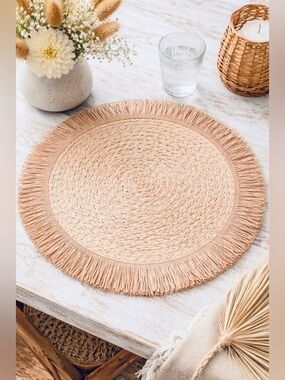 Set of 8 Woven Fringe Boho Placemats – Light Natural Pink